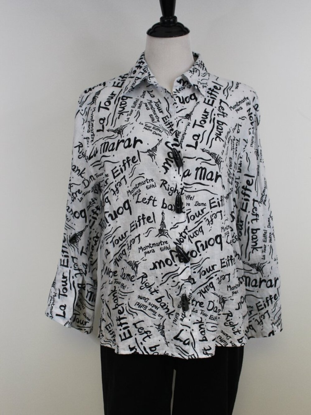 Laura Ashley Linen Paris Shirt M Euro Summer French Girl Eiffel Graphic